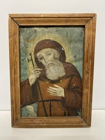 Spanish Colonial Mexican "Saint Francis of Paola" Retablo Oil on Tin
