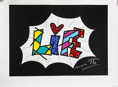 Romero Britto "Life Black Mini Word" Handsigned on Canvas