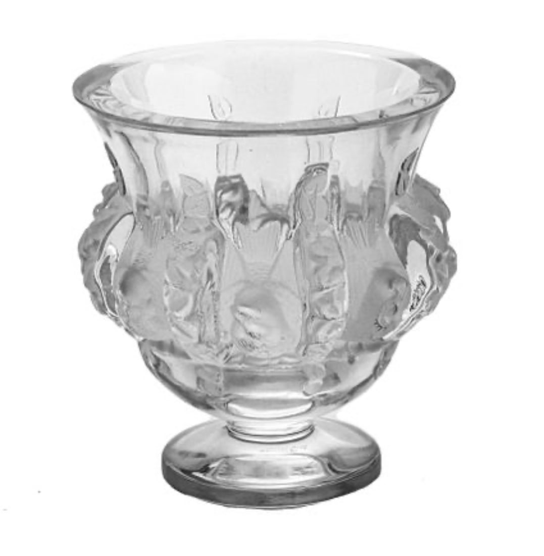 Lalique "Dampiere" Crystal Sparrow Vase: Lalique "Dampiere" Crystal Sparrow Vase Artist: Lalique Medium: French Crystal Dimensions: 5 x 5 in Description: Beautifully crafted with frosted sparrow motifs around the body and a clear pedestal ba