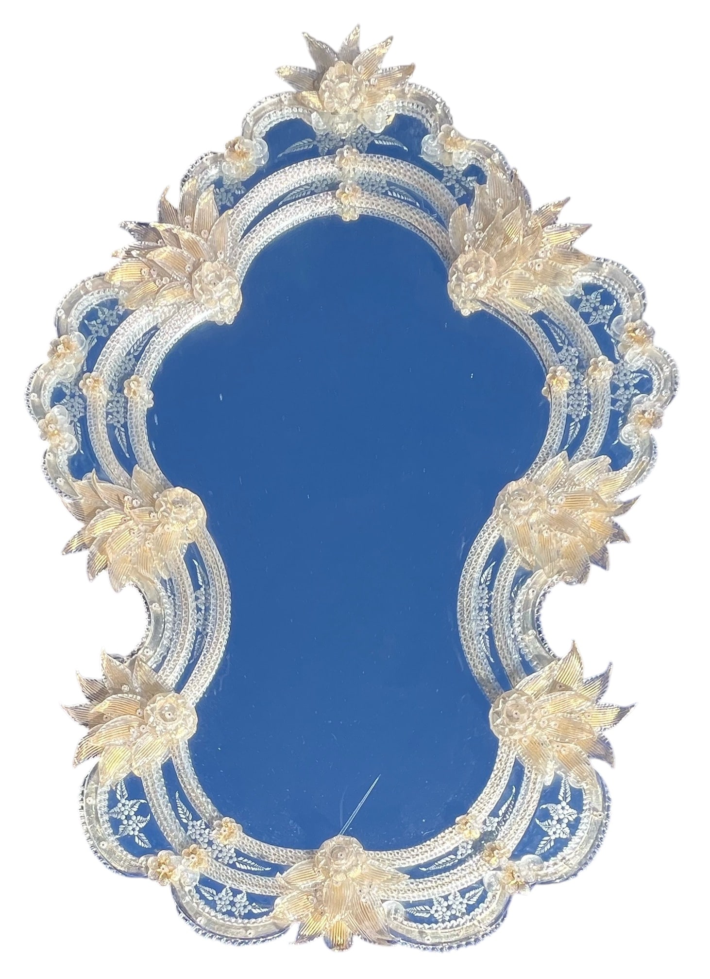 Murano Glass Mirror, Handcrafted Floral Design: Murano Glass Mirror, Handcrafted Floral Design Medium: Handcrafted Murano Glass with Floral Decorations Dimensions: 55 x 38 in Description: A stunning vintage Murano glass mirror, expertly handcrafted