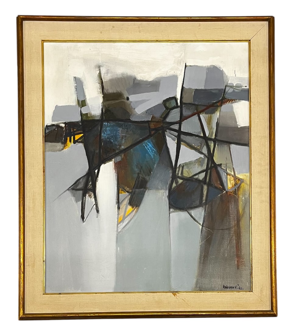A. Webber, Oil on Canvas, Signed and Dated '62: A. Webber, Oil on Canvas, Signed and Dated '62 Artist: A. Webber Medium: Oil on Canvas Description: A striking mid-century abstract painting by A. Webber, dated 1962. The piece features intersecting d
