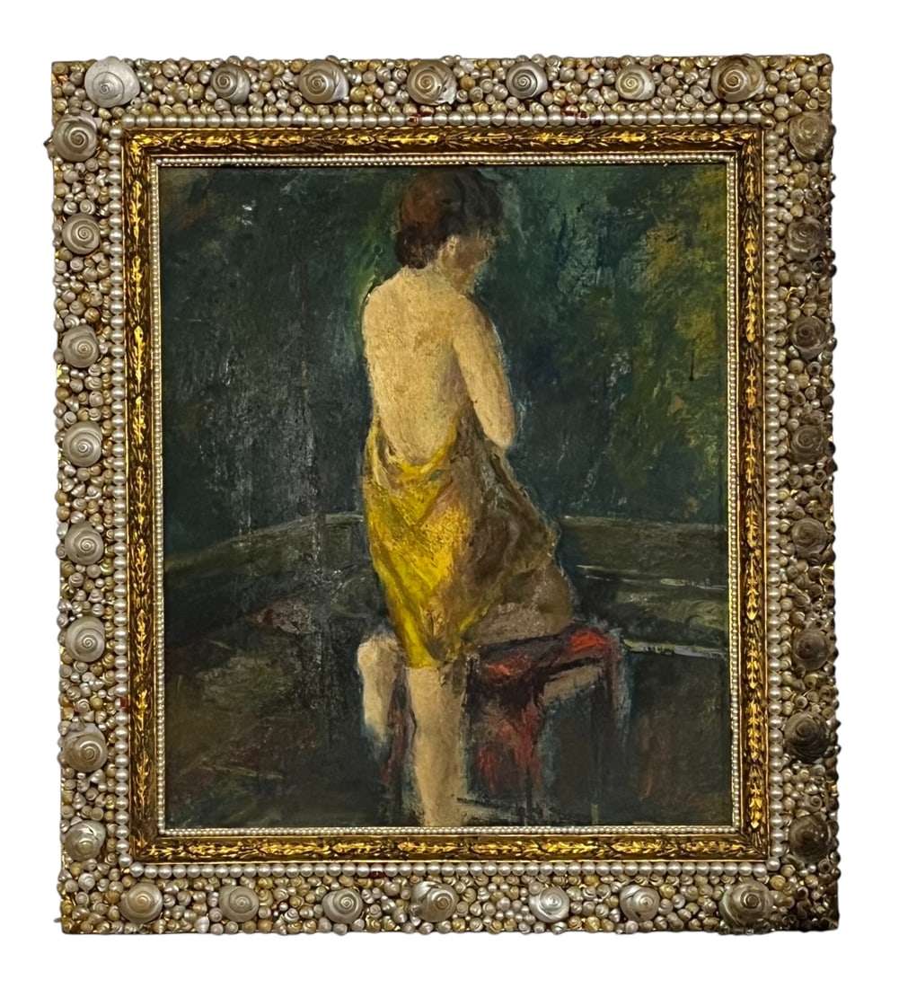 Seated Nude in Yellow Drape, Oil on Cloth: Seated Nude in Yellow Drape, Oil on Cloth Medium: Oil on Cloth Description: An evocative oil painting depicting a seated nude figure draped in yellow fabric, seen from behind. Rendered in rich, expres