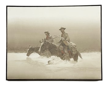 John Nicholas Pace, Cowboys Crossing a River, Oil on Canvas, Signed
