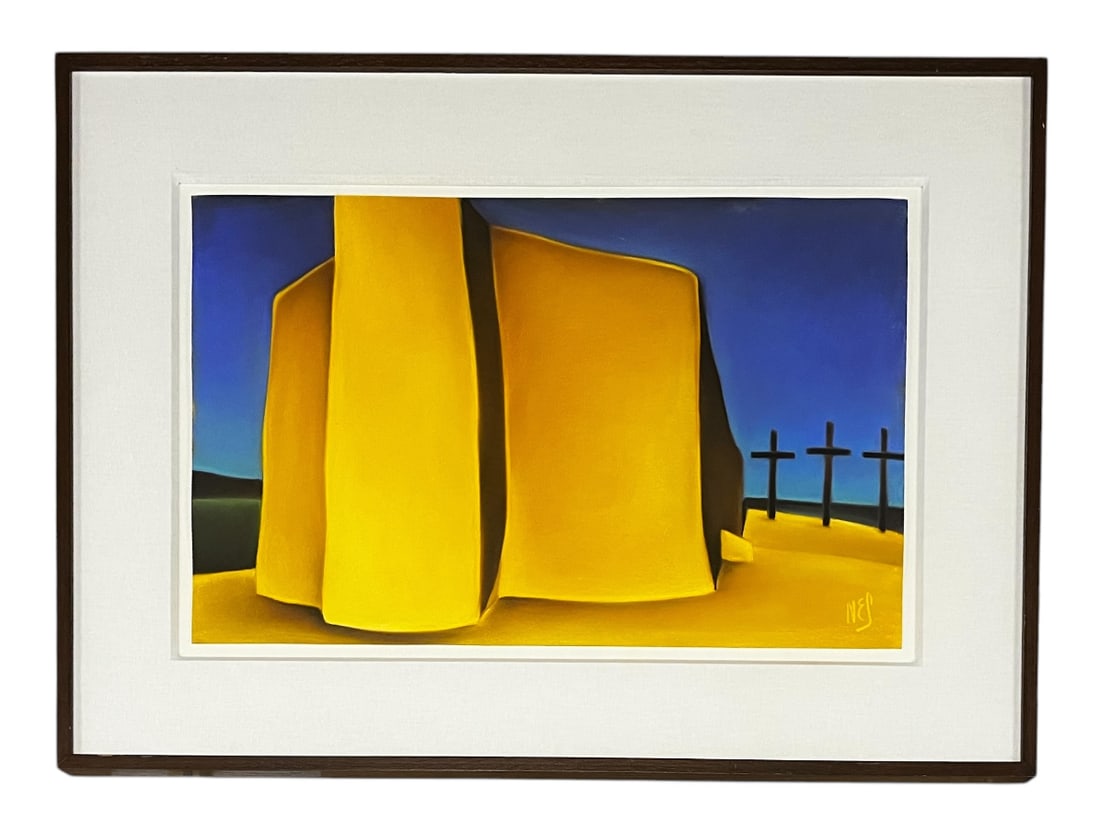Margaret Nes, Pastel on Paper, Signed: Margaret Nes, Pastel on Paper, Signed Artist: Margaret Nes Medium: Pastel on paper Description: Vivid and luminous pastel drawing by Margaret Nes, depicting the iconic rear view of a Southwestern adob