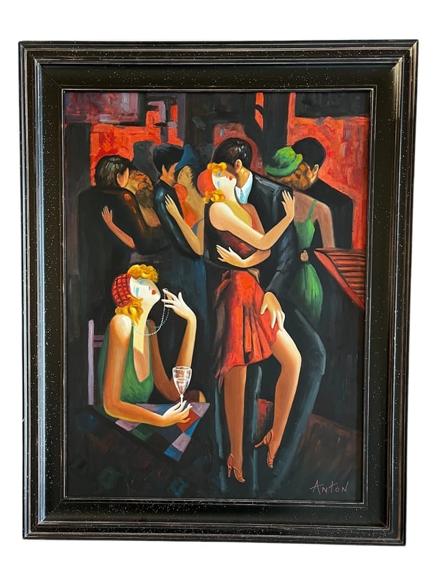 Anton, Signed: Anton, Signed Artist: Anton Description: A striking and vibrant piece by Anton, depicting an atmospheric social scene with elegantly dressed figures in warm, rich tones. The artist's signature style c