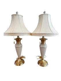 Lenox, Empire Style Fluted Column White Porcelain & Brass Table Lamps, Pair