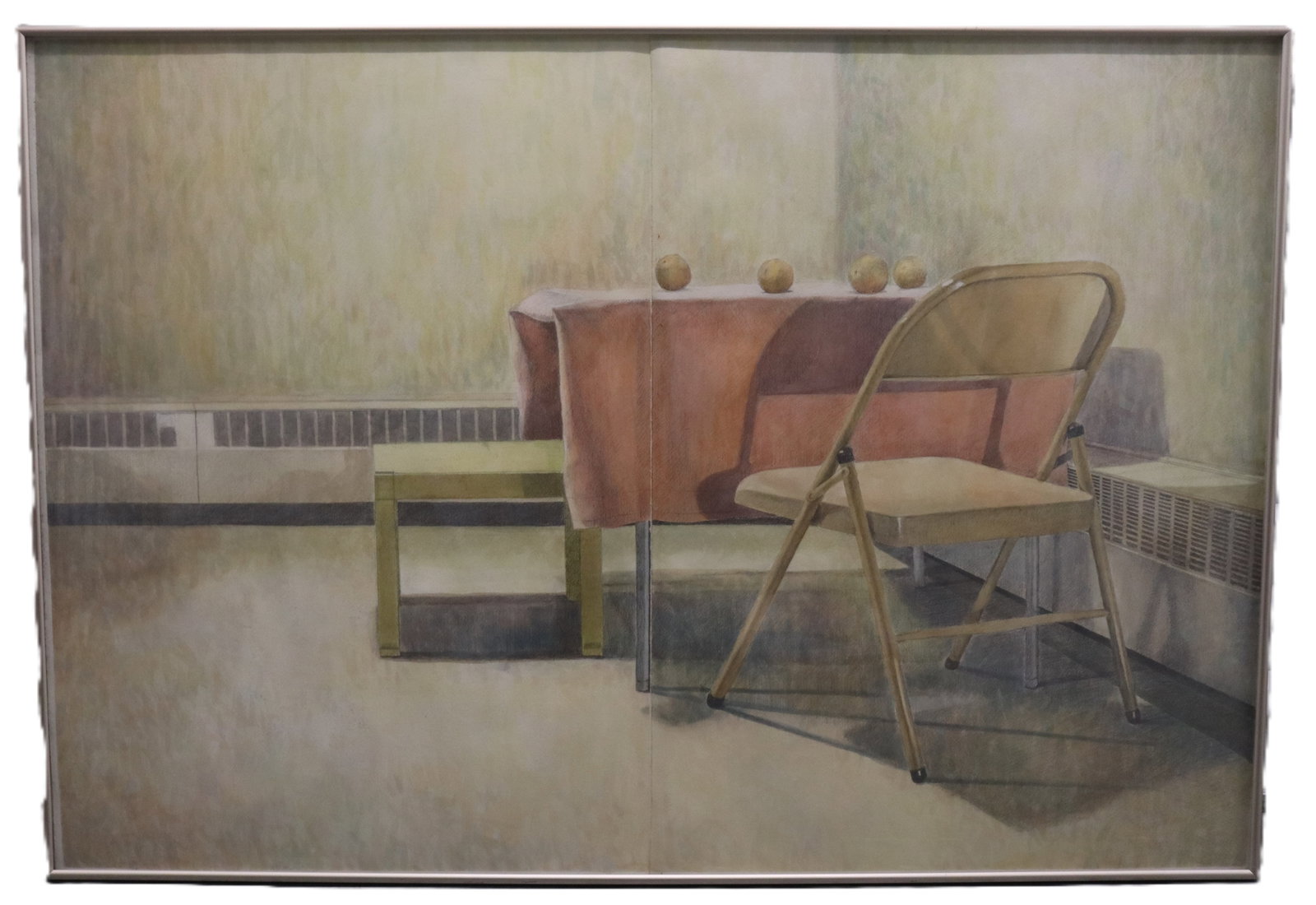 Crews McCulloch, Interior with Folding Chair and Apples Painting: Crews McCulloch, Interior with Folding Chair and Apples Painting Artist: Crews McCulloch Description: A contemplative interior scene featuring a metal folding chair, a draped table with four apples, a