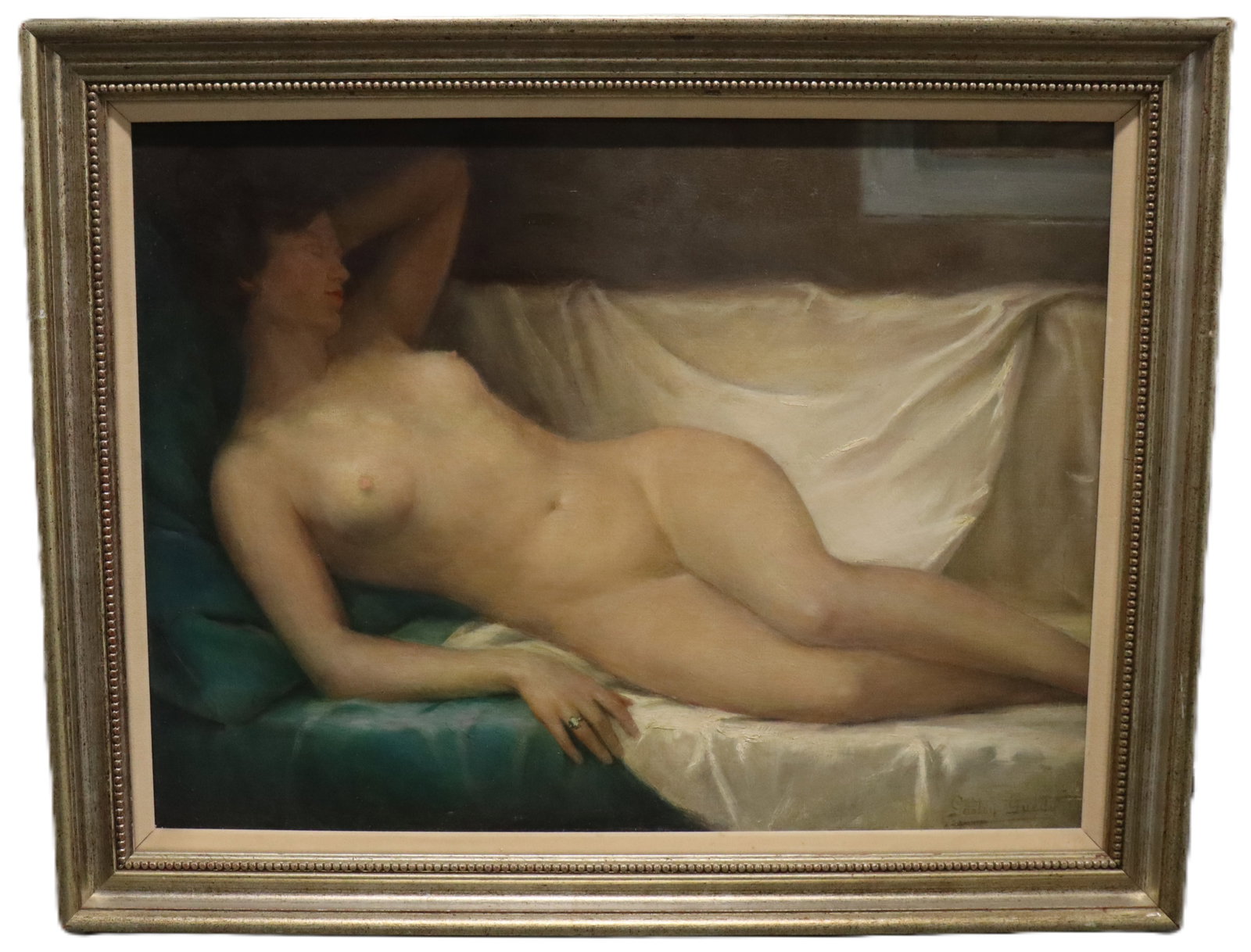 Gaston Guedy - At Rest - Oil on Canvas: Artist: Gaston Guedy Title: At Rest Medium: Oil on canvas Edition: Original Dimensions: Frame: 29 x 22Art: 24 x 17 ibr> Description: In At Rest, Gaston Guedy presents a graceful nude in repose, render