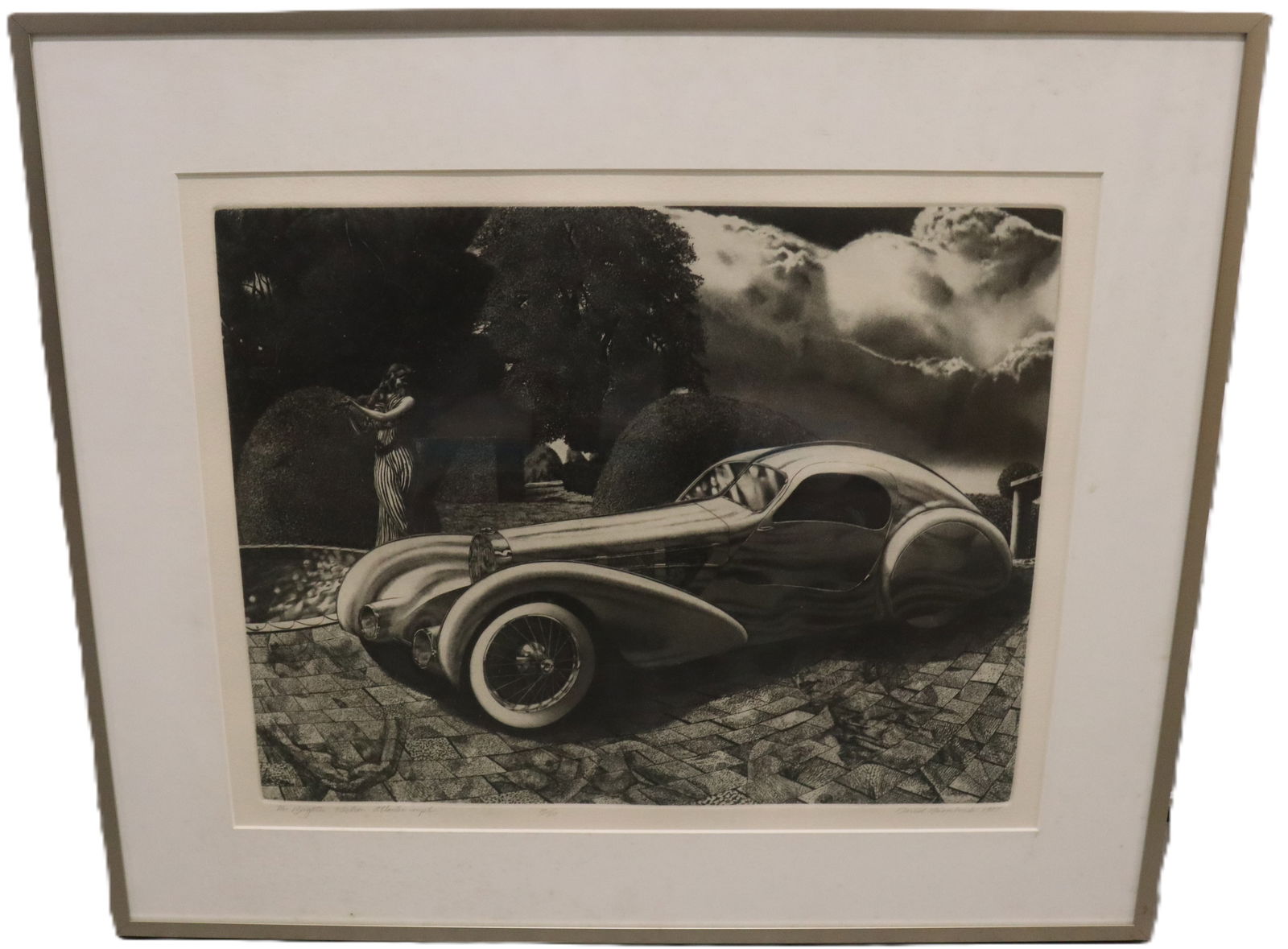 David Bumbeck, The Bugatti Electron Atlantic Coupe, Etching, Signed, Numbered 19/80 & Dated 1987: David Bumbeck, The Bugatti Electron Atlantic Coupe, Etching, Signed, Numbered 19/80 & Dated 1987 Artist: David Bumbeck (American, b. 1940) Title: The Bugatti Electron Atlantic Coupe Medium: Etching De