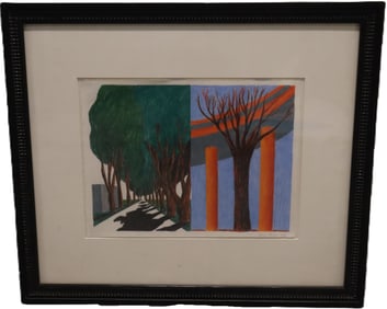 Astrid Preston, Trees & Orange Bridge, Colored Pencil on Paper, Signed and Dated 1983