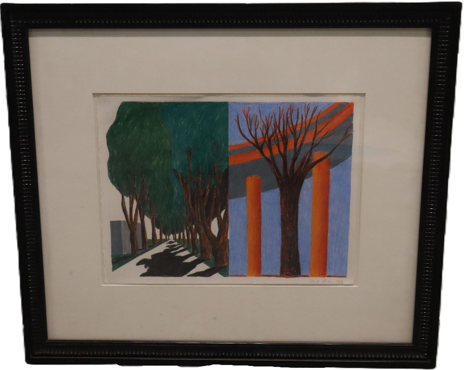 Astrid Preston, Trees & Orange Bridge, Colored Pencil on Paper, Signed and Dated 1983 (1 of 4)