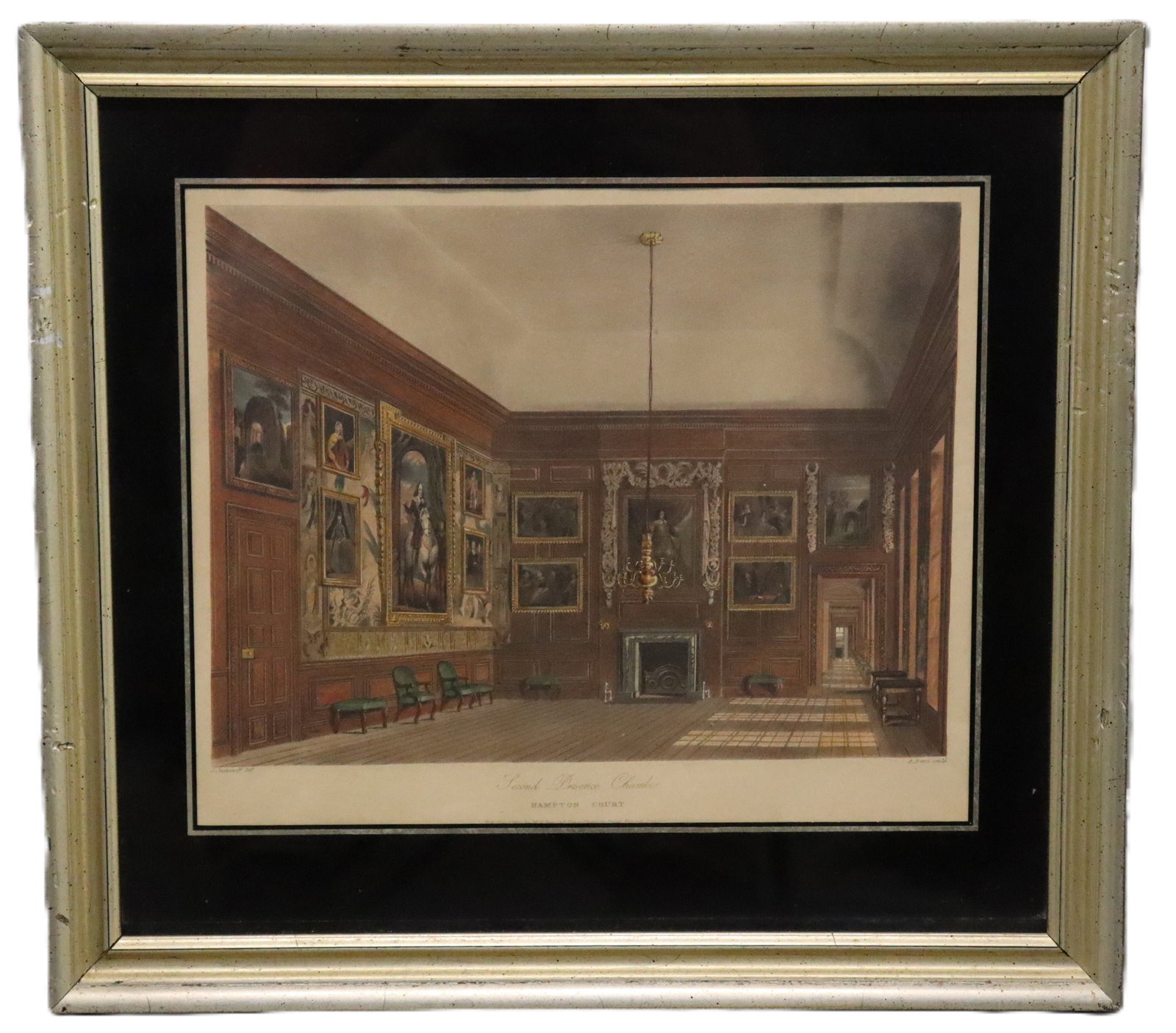 J. Stephanoff - Second Presence Chamber - Hampton Court - Lithograph: Artist: J. Stephanoff Title: Second Presence Chamber - Hampton Court Year: 1819 Medium: Lithograph Dimensions: Art - 9 x 11 in, Framed - 14 x 15 x 1 in Description: Lithograph by J. Stephanoff titled 