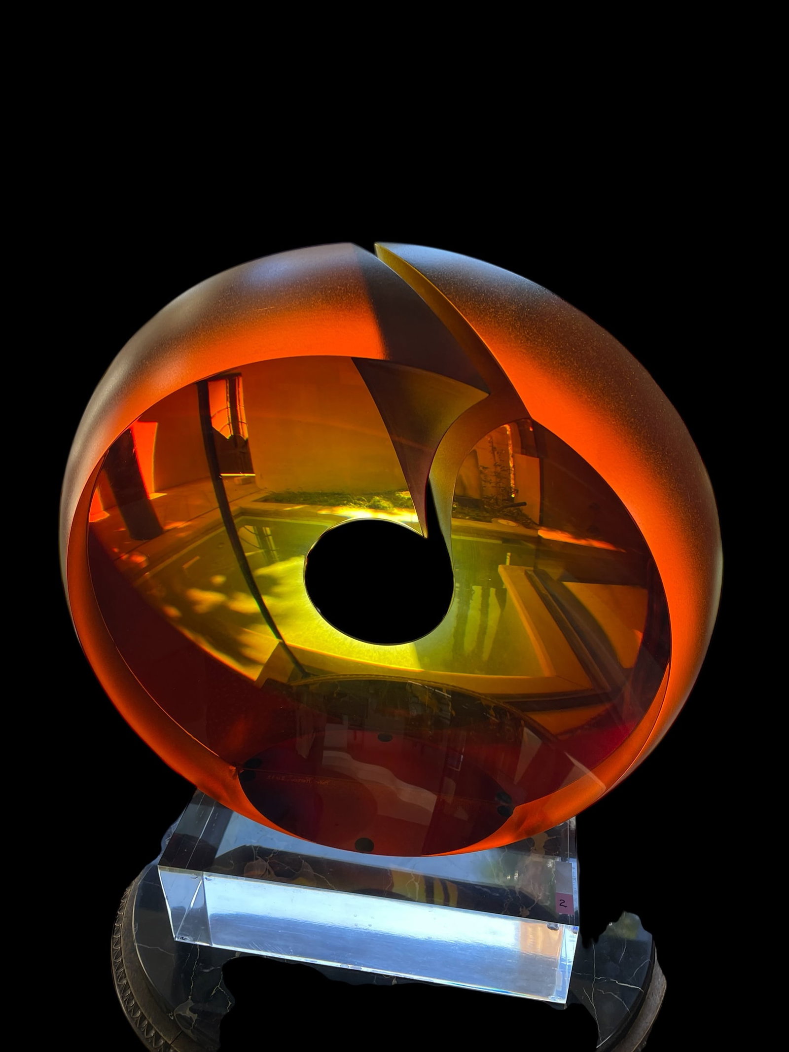 Petr Hora, Art Glass Sculpture, Titled “Callista”: Artist: Petr Hora Description: Orange and clear cast geometric glass sculpture