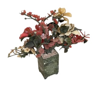 Jade Gemstone Flowers, Carved Jade and Hardstone Floral Arrangement