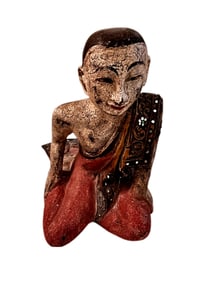 Vintage Buddhist Monk Sculpture, Hand-Carved and Painted Wood with Rhinestones
