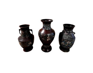 Asian Enamel Bronze Metal Vases 3: Item: Set of Three Enamel Vases Medium: Brass or Bronze Dimensions: A: 7" W x 12" H, B: 7" W x 14" H, C: 6" W x 12" H Ships From: Rancho Mirage, CA