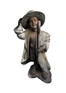 Young Boy with Cane, Overcoat, and Hat, Cast and Verde Patinated Bronze Sculpture: Title: Young Boy with Cane, Overcoat, and Hat Medium: Cast and verde patinated bronze sculpture Dimensions: 40.0" H x 21.0" W x 20.0" D Ships From: Rancho Mirage, CA