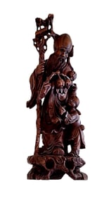 Shou Lao, Longevity Wooden Sculpture of Child and Elder
