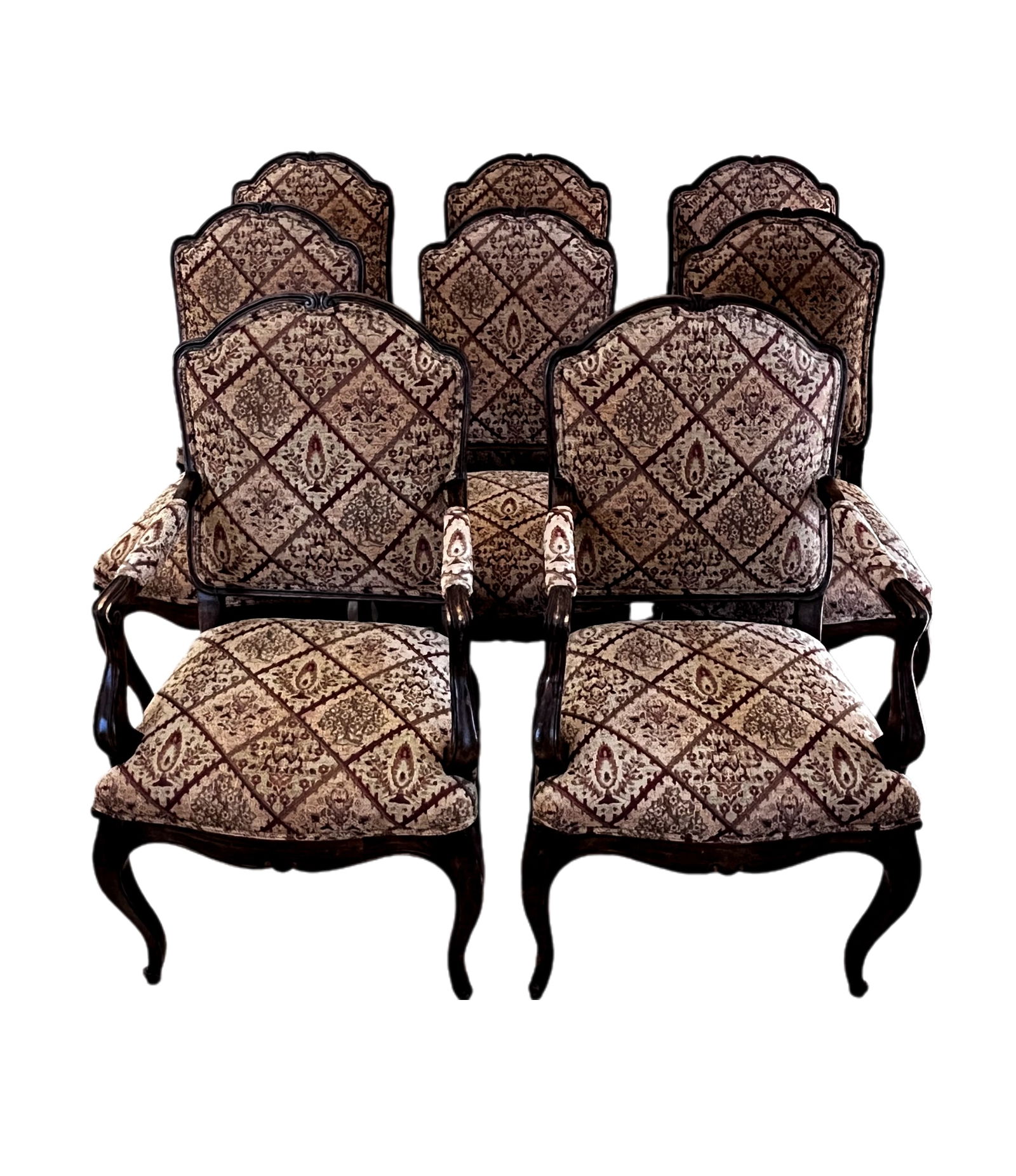 Luxury Dining Chairs, Wood/Tapestry, 8 pieces: Item: Set of Eight Vintage Luxury Dining Chairs Dimensions: 41.0" H x 24.0" W x