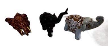 Elephant Figurines, Wood, Metal, and Porcelain 3 pieces