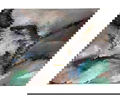 Seron,  Donna - Haiti - Gray & Green Neutrals - Oil on Canvas: Artist: Seron, D. Title: Haiti Dimensions: 42 x 60 in Medium: Oil on Canvas Description: This painting blends abstract expressionism with hints of surrealism, using fluid, organic shapes that suggest
