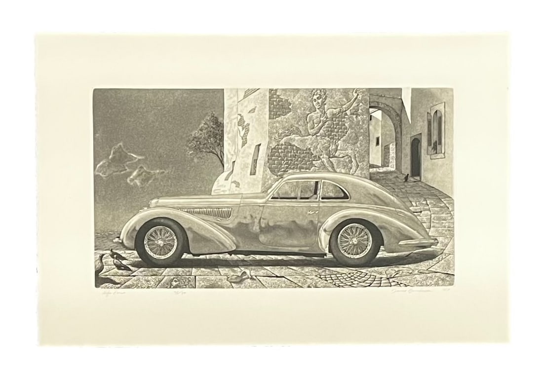 David Bumbeck - Alfa Romeo - Etching - 1987: Artist: David Bumbeck Title: Alfa Romeo Year: 1987 Edition: 8/8 Medium: Etching Dimensions: Artwork - 10 x 18 in, Framed - 15 x 23 in Description: David Bumbeck is an American artist known for his fin