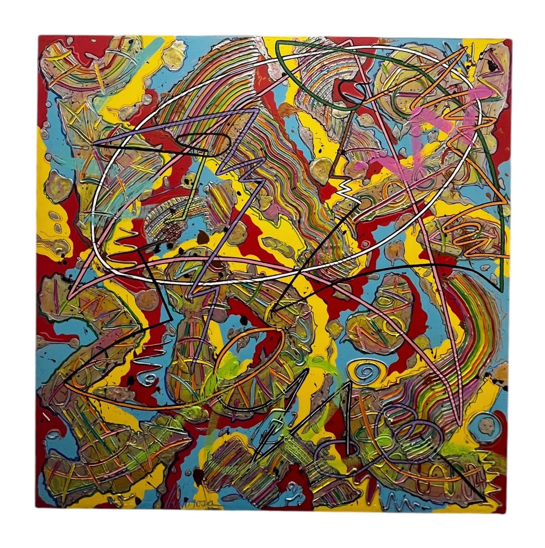 Hinojosa - Mixed Media on Canvas - Signed: Artist: Hinojosa Dimensions: 60 x 60 in Description: This vibrant, high-energy abstract work by Hinojosa bursts with movement and color. Bold, swirling lines intersect across a background of layered t