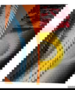 Reginald Hager - Cadmium Del Sur - Acrylic on Canvas - 1990: Artist: Reginald Hager Title: Cadmium Del Sur Year: 1990 Medium: Acrylic on canvas Dimensions: 63 x 51 x 1 in Description: The painting is divided into distinct sections, each with its own color palet
