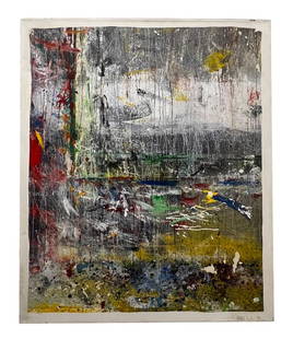 Ron Morris - Melting Pot - Abstract Painting - 1990: Artist: Ron Morris Title: Melting Pot Year: 1990 Dimensions: 60 x 50 in Description: The painting features layers of smeared and scraped paint in various colors, including gray, white, red, yellow, gr
