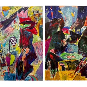 Ford Crull, Statuesque, Oil & Oil Stick on Two Canvases, Dated & Titled on Verso