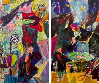 Ford Crull, Statuesque, Oil & Oil Stick on Two Canvases, Dated & Titled on Verso