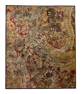 Francis Berry, Abstract Painted Textile in Earth Tones with Organic / Floral Shapes: Artist: Francis Berry Medium: Painted Textile Dimensions: Artwork - 57 x 49 in, Framed 58 x 50 x 2 in Description: This artwork showcases a rich interplay of textures and patterns, blending floral mot