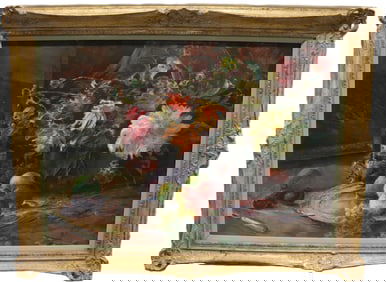 Still Life with Flowers, Fruit and a Knife - Oil on Canvas