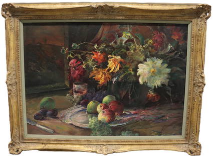 Still Life with Flowers, Fruit and a Knife - Oil on Canvas: Medium: Oil on Canvas Dimensions: Artwork - 22 x 30 in, Framed - 28 x 37 x 2 in Description: The painting depicts a still life arrangement featuring a vase of flowers, including dahlias and chrysanthe
