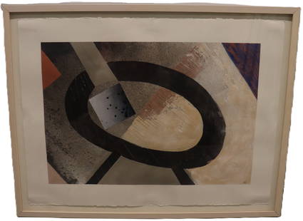 Tony Haller - Abstract Framed Lithograph - Signed: Artist: Tony Haller Medium: Lithograph Dimensions: Artwork - 17 x 25 in, Framed - 25 x 33 x 1 in Description: Abstract print, featuring geometric shapes and a muted color palette, signed in the lower
