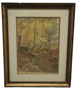 Forest & Stream - Landscape Watercolor: Title: Untitled Dimensions: Art - 13 x 9 in, Framed - 19 x 16 x 1 in Description: Characterized by soft, blended colors and a focus on natural light and shadow. This painting gives an overall impressi