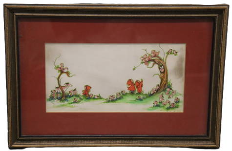 Phylis Miller - Whimsical Forest Scene - Watercolor & Ink - Circa 1974: Artist: Phylis Miller Title: Whimsical Forest Scene Year: 1974 Medium: Watercolor and Ink on Paper (framed) Dimensions: Art - 5 x 10 in, Framed - 11 x 15 x 1 in Description: A charming and whimsical