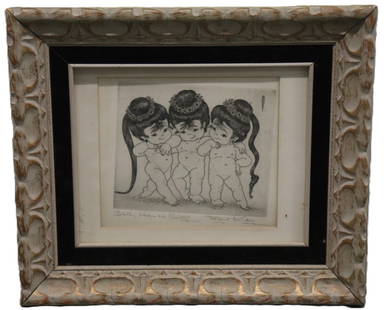 Margaret Ann Gaug - Faith, Hope & Charity - Etching: Artist: Margaret Ann Gaug Title: Faith, Hope & Charity Medium: Etching Dimensions: Art - 5 x 6 in, Framed - 12 x 14 x 1 in Description: A delightful and whimsical illustration by Margaret Ann Gaug,