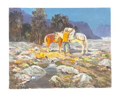 Walter Graham, Oil on canvas, Signed: Walter Graham, Oil on canvas, Signed Artist: Walter Graham (American, 1903?2000) Medium: Oil on canvas Dimensions: 24 x 30 in Description: A striking nocturnal western scene by Walter Graham