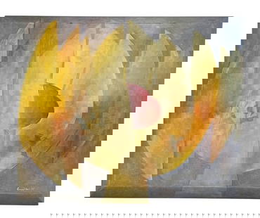A2 X, Abstract Painting, Signed and Dated 94: A2 X, Abstract Painting, Signed and Dated 94 Title: A2 X Dimensions: 20 x 24 in Description: Abstract painting in soft yellows, ochres, and purples with a prominent red semicircle at center. Text elem