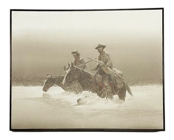John Nicholas Pace, Cowboys Crossing a River, Oil on Canvas, Signed