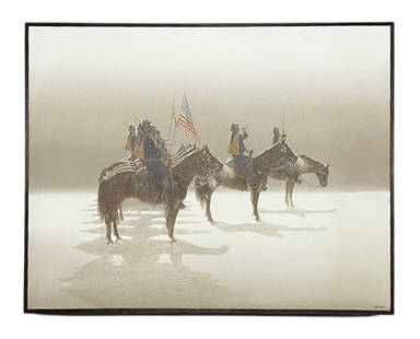 John Nicholas Pace, Acrylic on Canvas, Signed: John Nicholas Pace, Acrylic on Canvas, Signed Artist: John Nicholas Pace (American, 1930–2006) Medium: Acrylic on Canvas Description: A contemplative scene depicting three U.S. cavalrymen on horseba