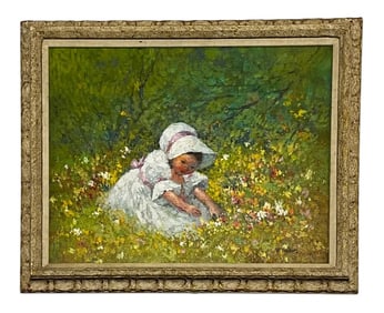 Girl in Wildflower Field, Oil on Canvas, Signed