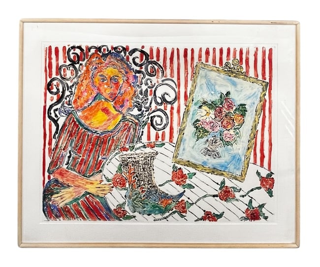 Susan Bush, Woman in Red with Painting, Oil Monoprint, Signed (1 of 3)