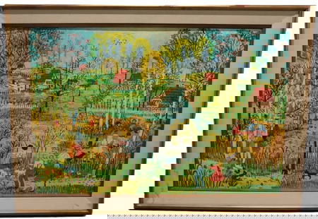 M. Migoet, In HS 169, Oil on Board, Signed: M. Migoet, In HS 169, Oil on Board, Signed Artist: M. Migoet Title: In HS 169 Medium: Oil on Board Description: A whimsical and vibrant folk-style landscape featuring lush meadows, red-roofed cottages