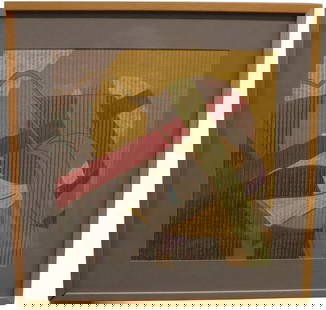 Michael B., Untitled, Signed and Dated 1987: Michael B., Untitled, Signed and Dated '85 Artist: Michael B. Description: A vibrant abstract composition, featuring dynamic intersecting forms rendered in vivid tones of yellow, red, green, and brown