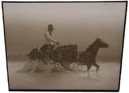 John Nicholas Pace, Cowboys Herding, Acrylic on Canvas, Signed: John Nicholas Pace, Cowboys Herding, Acrylic on Canvas, Signed Artist:John Nicholas Pace (American, 1930?2006) Title:Cowboys Herding Medium:Acrylic on canvas Description: A serene Western scene depict