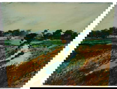 Donald Roy Purdy, Oil on Board, Signed: Donald Roy Purdy, Oil on Board, SignedArtist: Donald Roy Purdy (American, 1924-2016) Medium: Oil on board Description: An expressive landscape depicting a woman seated in a field, gazing into the dist