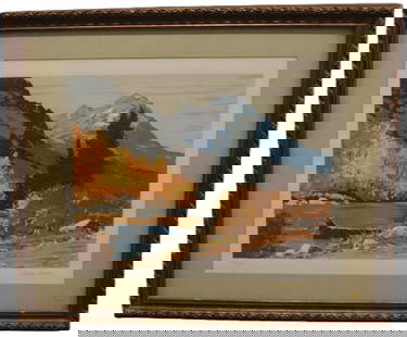 Robert Wood, Serigraph, Signed and Numbered 764/1000: Robert Wood, Serigraph, Signed and Numbered 764/1000 Artist: Robert Wood Medium: Serigraph Description: This serene landscape serigraph by Robert Wood captures the majesty of a snow-capped mountain ra