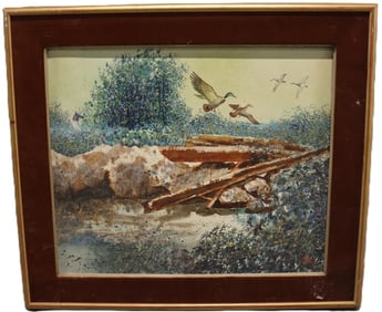 Ducks Over Bridge, Painting on Canvas, Signed